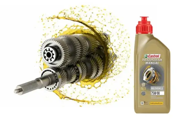 Aceites y lubricantes para cajas de cambio, una representación de unos piñones de una caja de cambios junto a un bote de aceite de caja