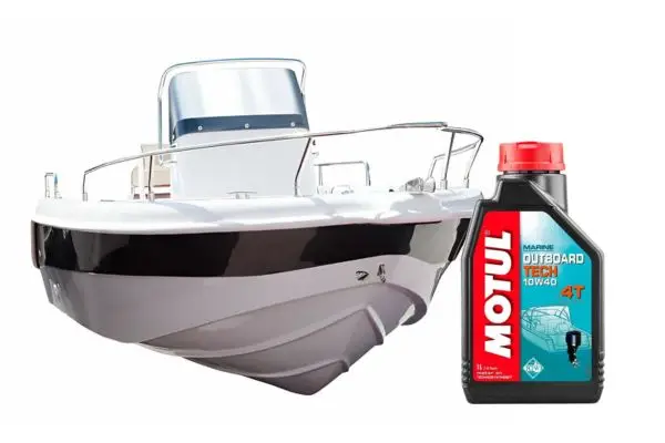 Una lancha junto a un bote de lubricante marino para fuerabordas