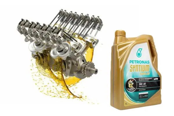 Representación de aceites y lubricantes para motores, con un esquema de motor y un bote de aceite para motor